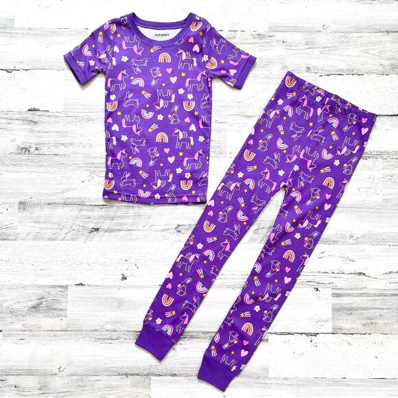 Old Navy Girls Pajama Set 6T Purple Unicorn Rainbow Cotton Short Sleeve New - Picture 2 of 5